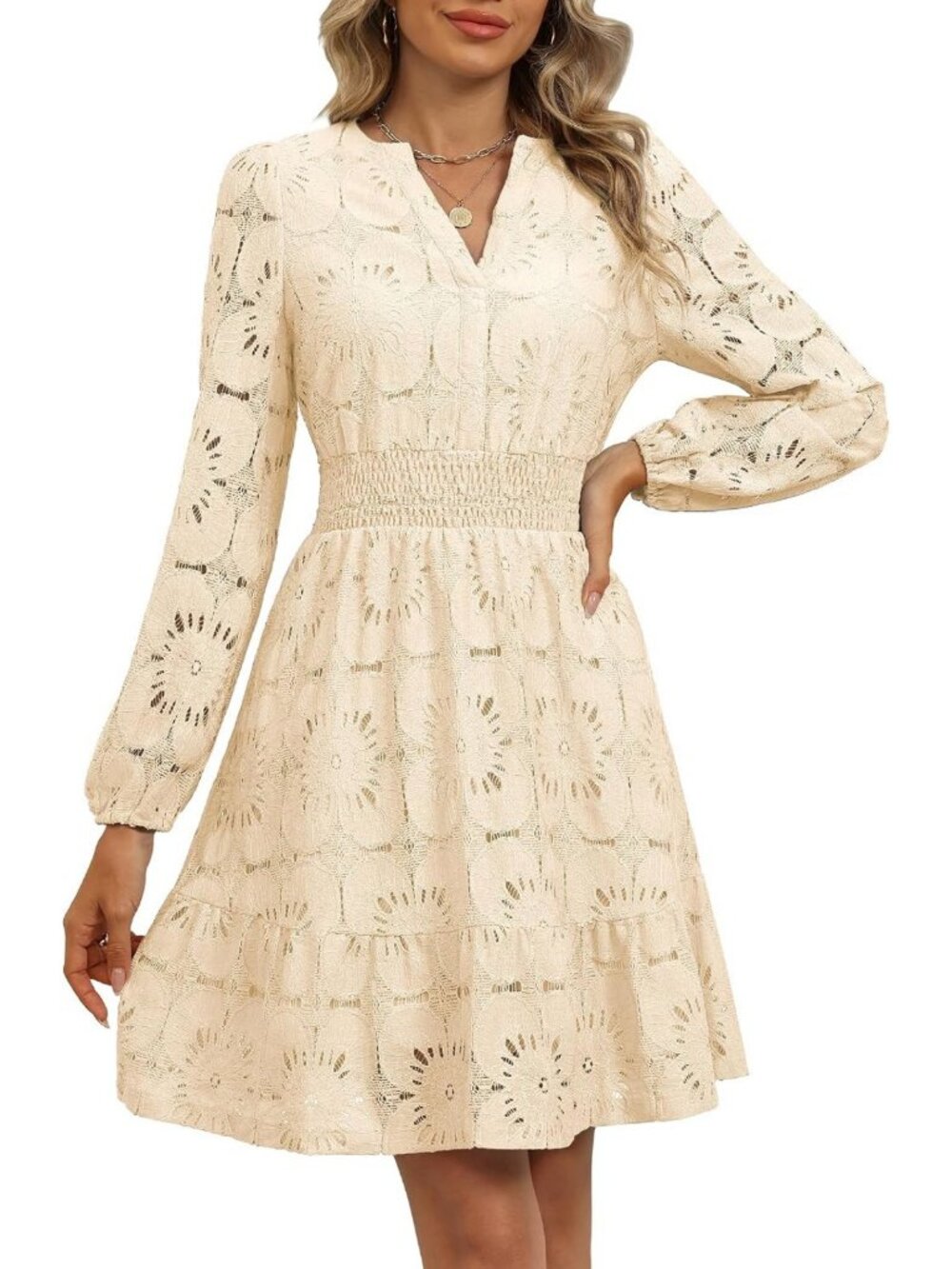 Chic Women's Fall Mini Dress with Long Sleeve Eyelet Lace Floral Embroidery